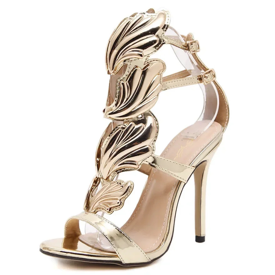 Rome Style Metal Wings Stiletto Womens Sandals Gold Patent Leather High Heels Fashion Ladies Open Toe Double Buckle Party Shoes 251107