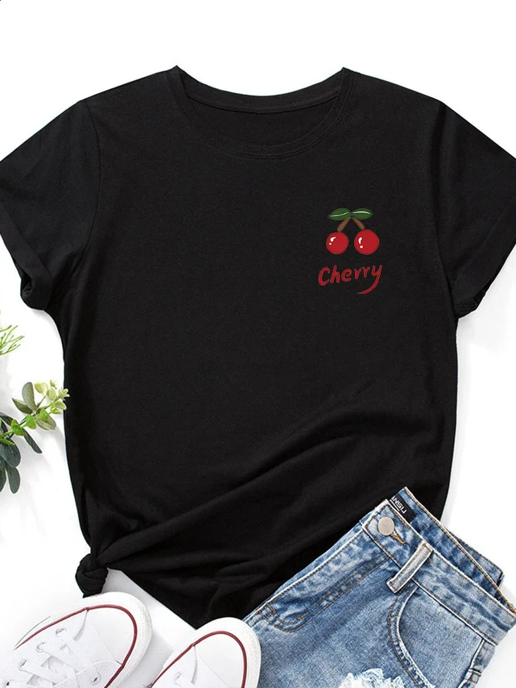 On Chest Red Cherry Print Women T Shirt Short Sleeve O Neck Loose Women Tshirt Ladies Tee Shirt Tops Camisetas Mujer 250410