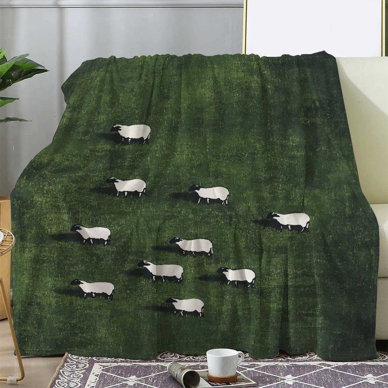 Sheep Themed Flannel Blanket With Idyllic Grass Field Design Suitable For Home Relaxation Offering Soft Warmth And Quty C251111