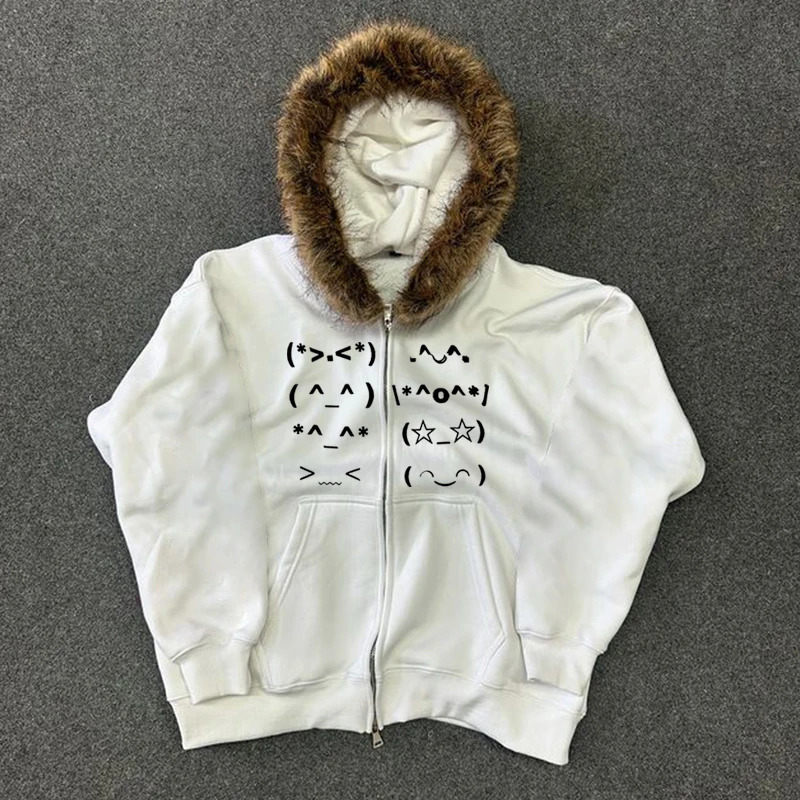 Casual Faur collar Harajuku Streetwear Hiphop Zipper Hoodie sweatshirt Vintage Rock Goth Loose Punk EMO Y2K Zip up hoodie Jacket 251105