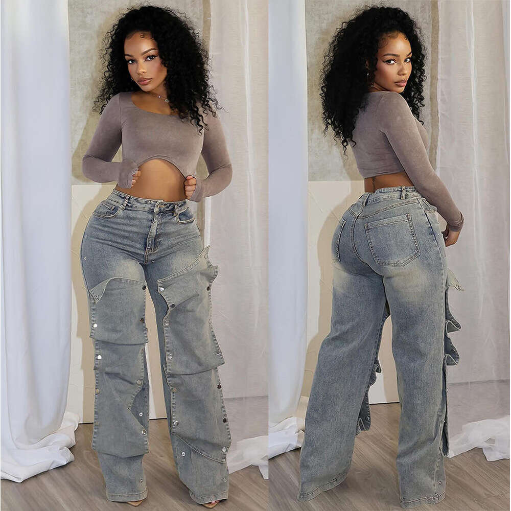 Women's Wear Women's Wear Women's Straight Leg Jeans, Women's Autumn Street Trendsetters, Detachable Button High Waisted Pants