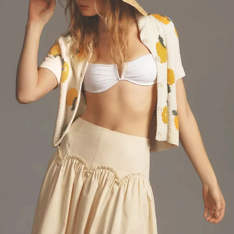 Womens Solid Color Knit Cardigan - Sesame Bottom Jacquard with Fruits & Flowers for Valentine's Day---NBJ039