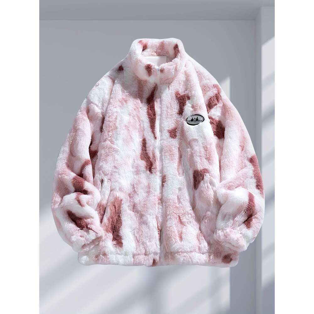 Women's Plush Fleece Jacket, Soft Pink Brown Marbled Texture Hooded Coat With Detachable Patch, Casual Winter Outerwear For Everyday & Formal Eve
