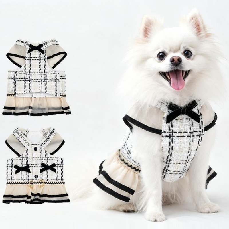 Stylish Plaid Pet Dog Dress with Elegant Bow, Breathable Mesh Fabric, Premium Tweed Dog Apparel for Small Medium Dogs, Fashionable Party Outfit with C