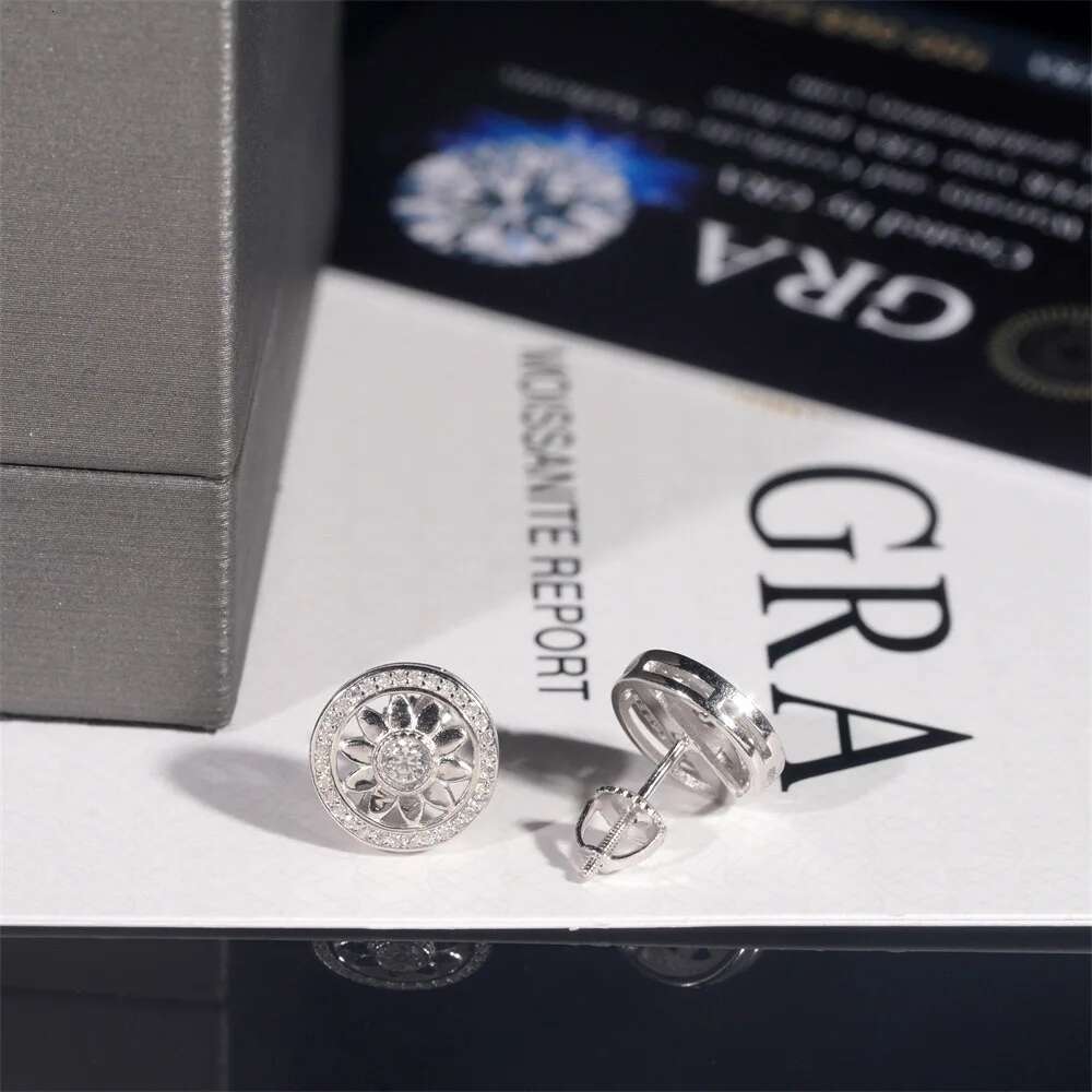 11.3mm Iced Out Moissanite Sunflower Earrings Screwback 925 Sterling Silver Hip Hop Lab Diamond Stud Earrings Pass Tester Gift