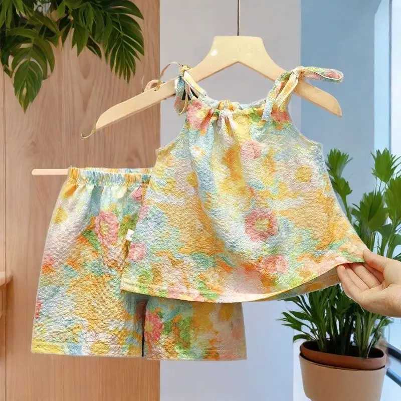 Childrens Girl 2-piece Fashion New Summer Sling Thin Top Loose Shorts Childrens Girl Cool SetXJ250410