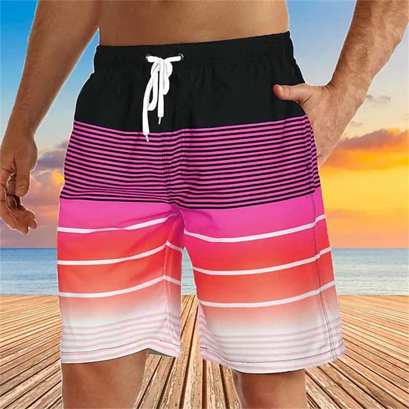 Summer mens swimming shorts mens 3D printed color striped graphics fast drying swimming relay casual Hawaiian shorts daily sports shortsW250410