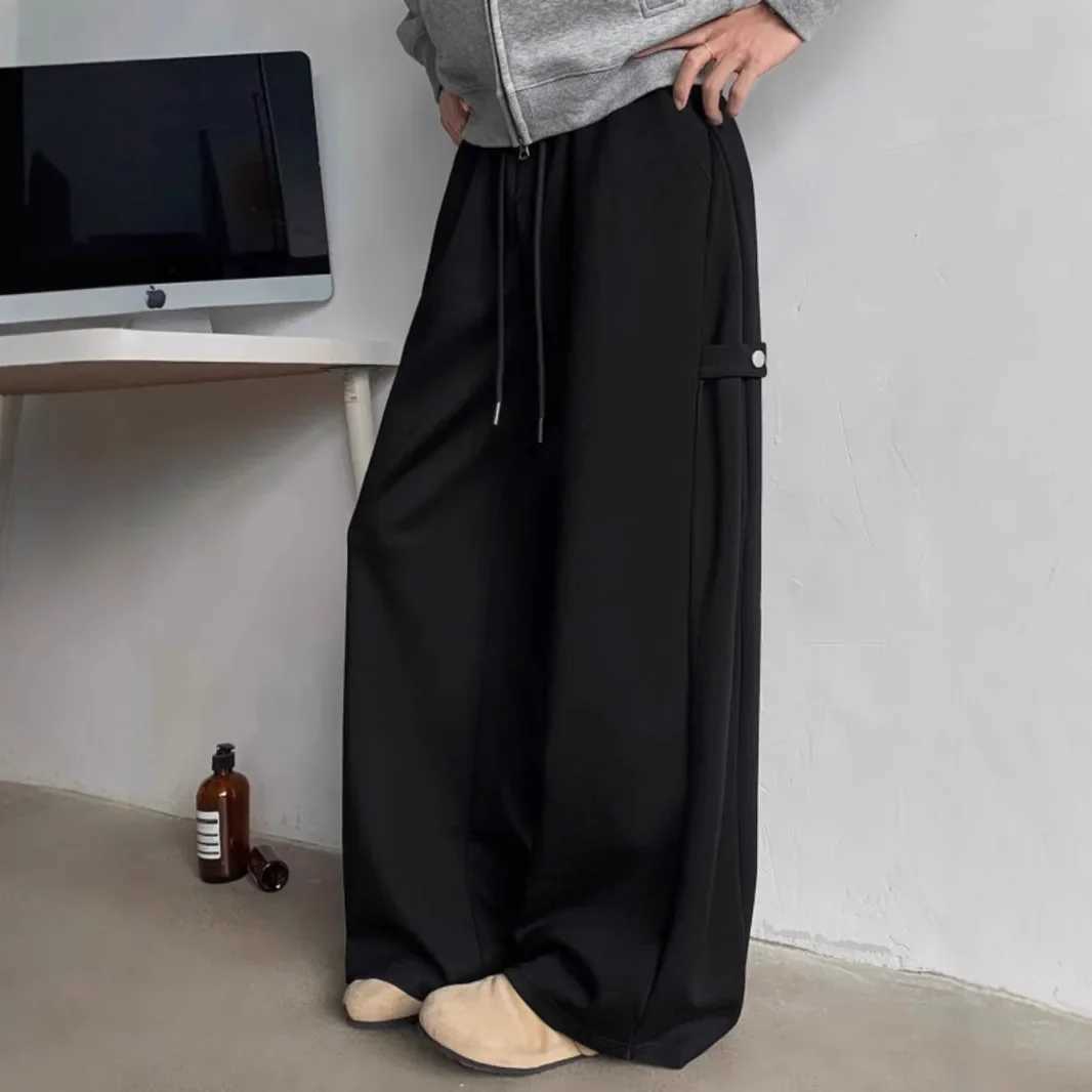 Grey heavy-duty mens pants spring/summer American style streetwear straight leg wide leg drawstring casual sports pantsXJ250410