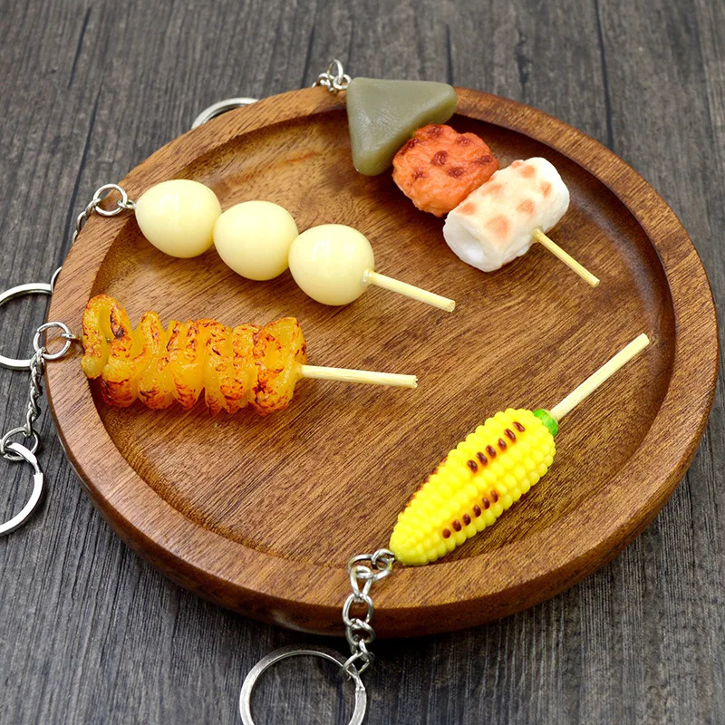 Creative Simulation BBQ Skewers Keychains Funny Resin Oden Squid Corn Gluten Keyring Pendant Cute DIY Ornament Accessories Gift 251110