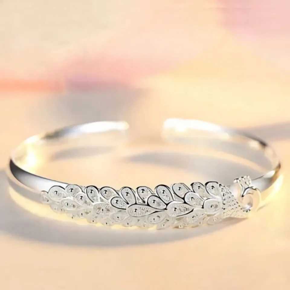New 925 Sterling Silver Elegant Peacock Opening Screen Bracelet Bangles For Women Fashion Party Wedding Accessories Jewelry GiftC250410