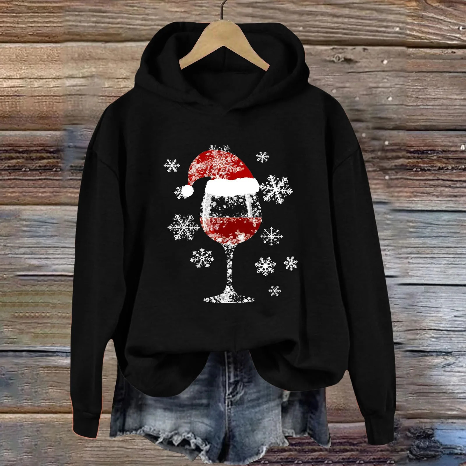Womens Christmas Hoodie Sweatshirt Casual Fashion Red Wine Glass Printed Long Sleeve Hooded Sweatshirts Xmas Look Year Gifts 251105