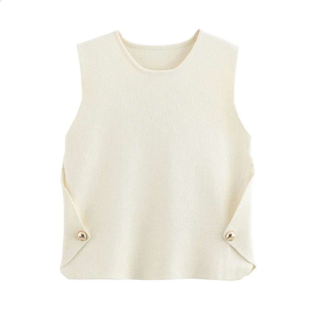 UNIZERA Womens Side Button Knitted Tank Top Solid Color Short Sweater Spring Clothing 250407