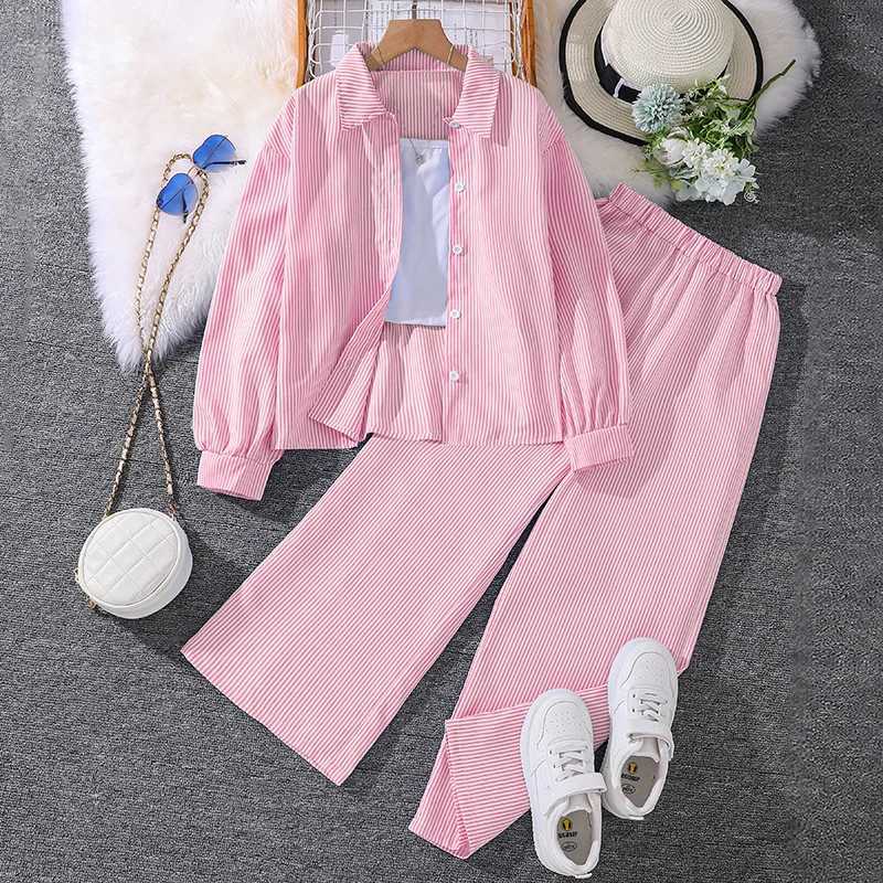 Childrens clothing set suitable for girls aged 4-12 pink striped long sleeved lapel cardigan cardigan and pants daily waist comfort setXJ250410