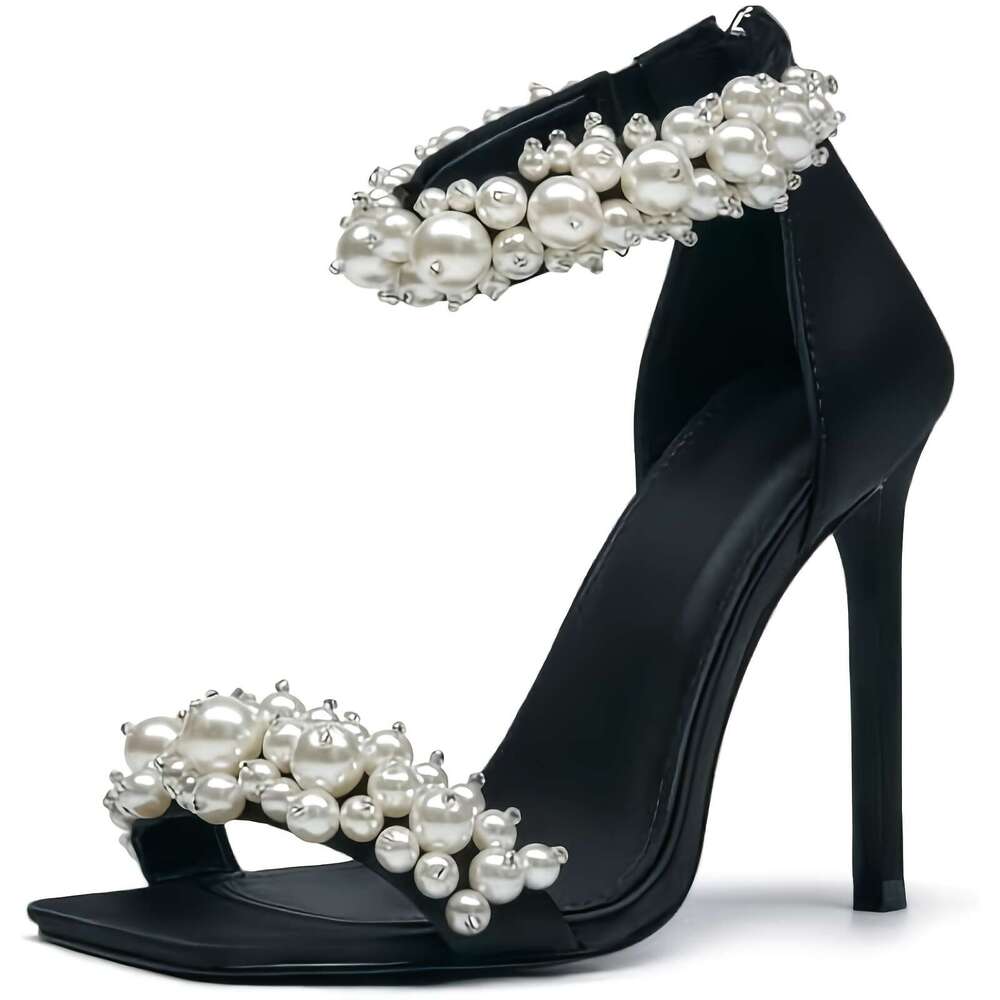 Women's Pearl Stiletto Sandals - Square Open Toe Design, Back Ankle Zipper, White Satin