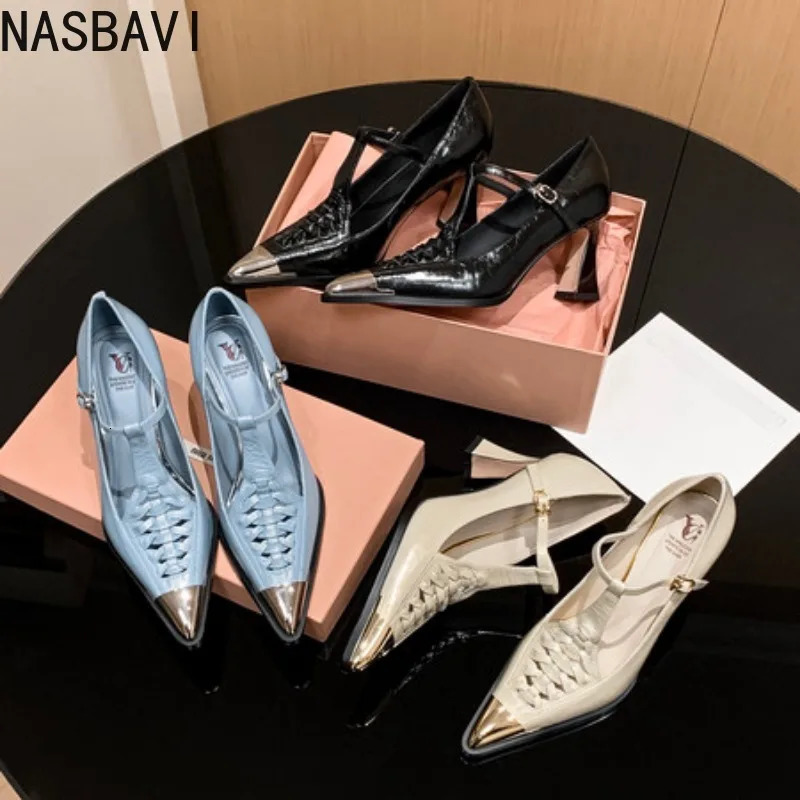 Vintage Polished Pointed Toe Women Cow Leather Pumps Thin Heels Pointed Toe Buckle Strap Big Size 34-40 Handmade 251110