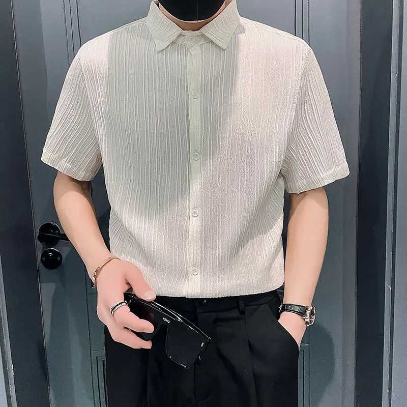 Streetwear Fashion Korean Clothing Solid Shirts Spring Autumn Men Long Sleeve Striped Lapel Single Sockets Business Casual Tops K251110