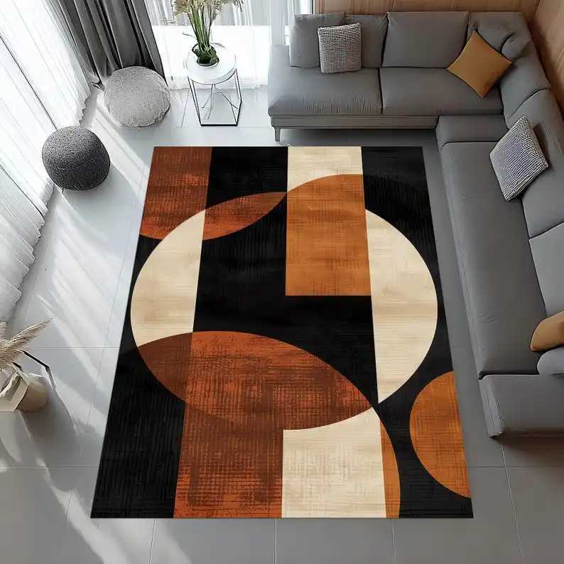Abstract Circle Rug Burnt Orange Beige Black Carpet Modern Minimst Washable Floor Mat Y251110