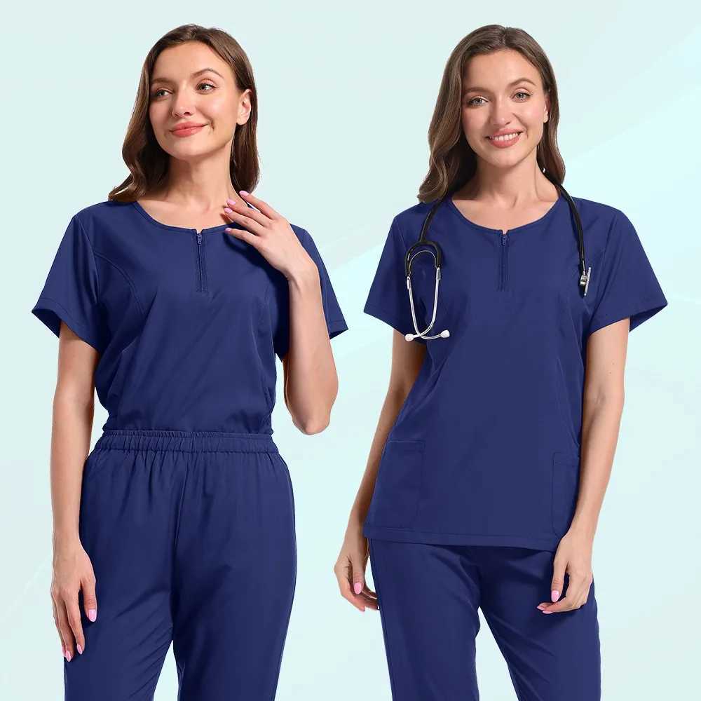 Medical Uniform Nurse Women Scrubs Tops Short Slve Pocket Workers Working Uniform Pullovers Nursing Workers Scrubs Accessories X250410