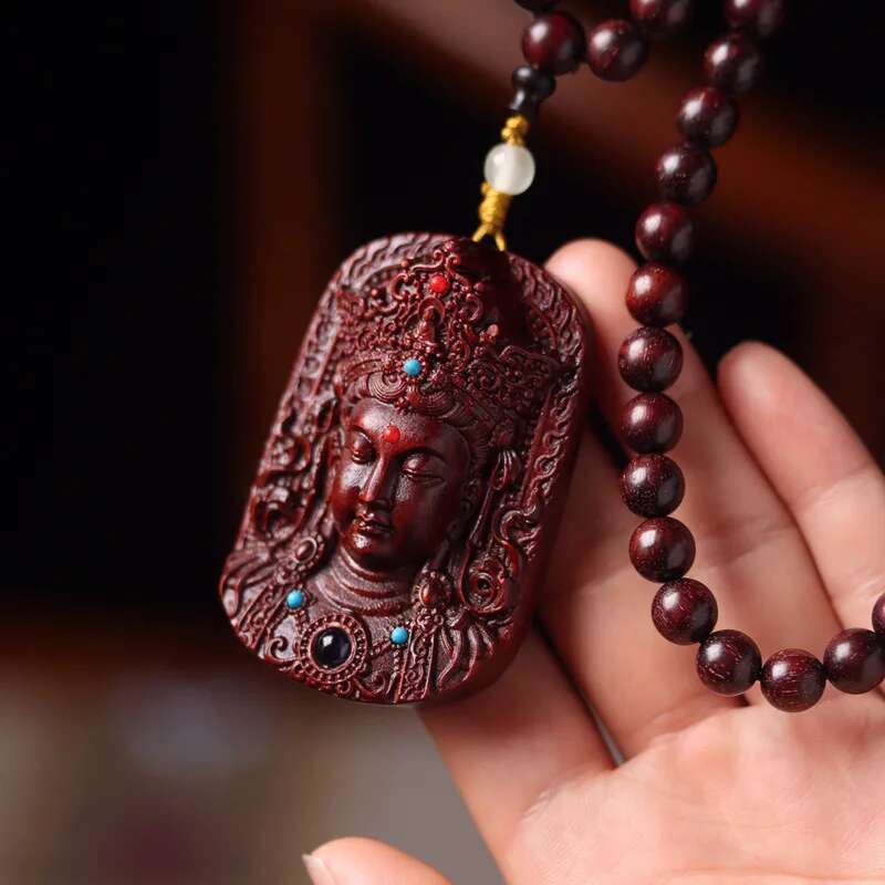 UMQ Small Leaf Rosewood Mother Necklace Bracelet Red Sandalwood Double-Sided Carved Inlaid Guanyin Heart Sutra Men'S And Women'S