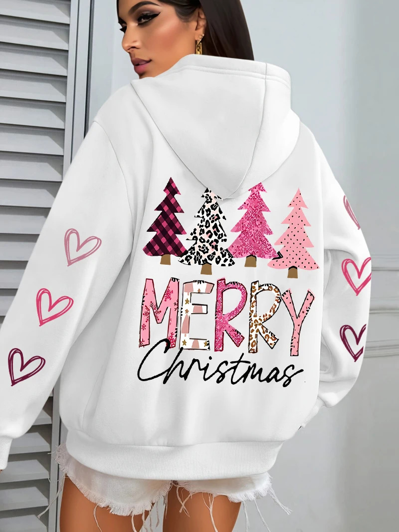 Merry Christmas Pink Tree Printing Women Hoody All-Match Autumn Hoodies Casual Loose Pullover Harajuku Pocket Streetwear 251105