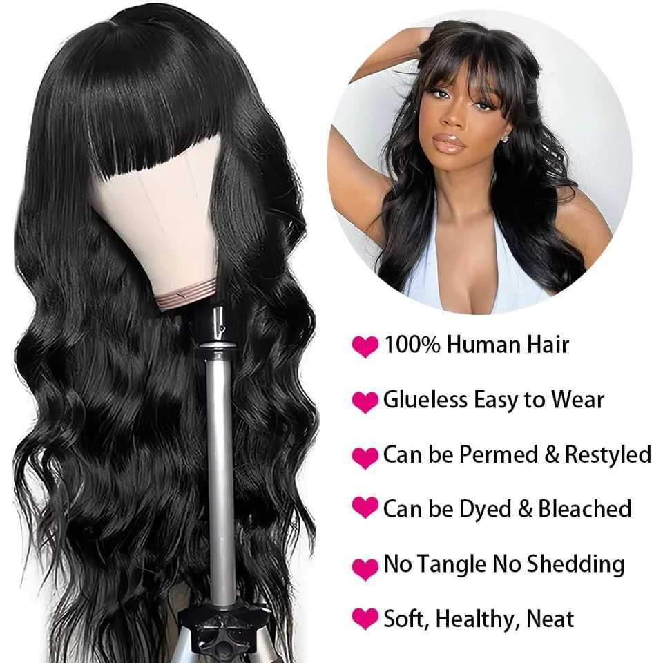 3X1 Glueless Wigs Human Hair with Bangs Body Wave Human Hair Wig with Bangs 3X1 Bleached Knots Lace Front Wig for Black WomenT251111