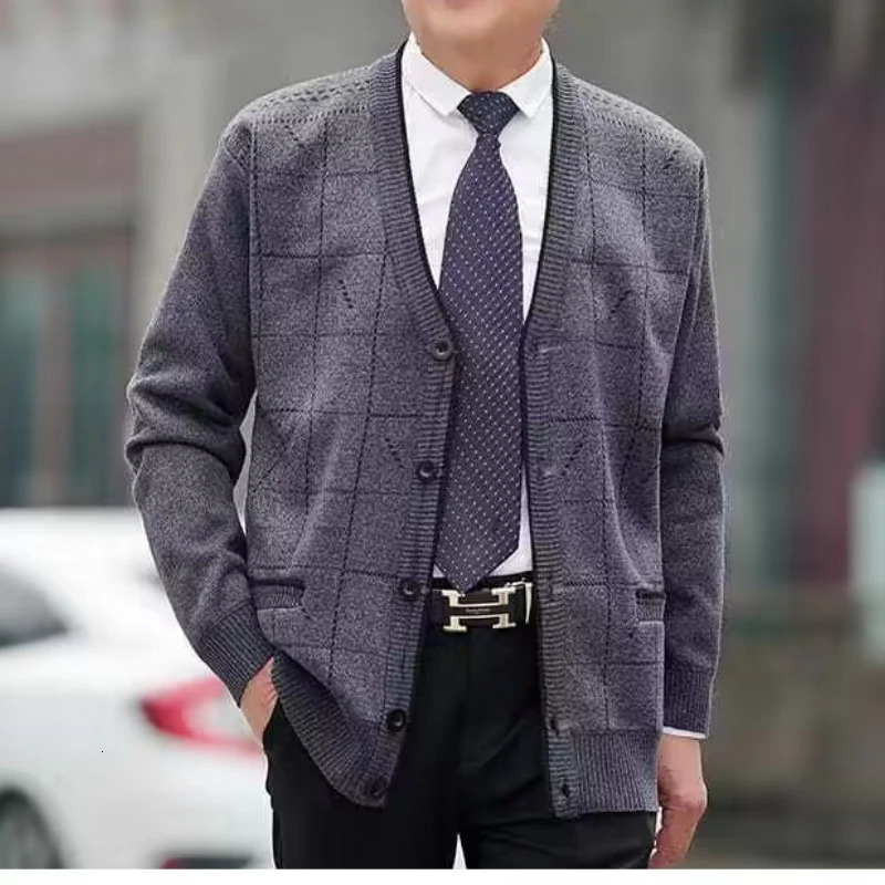 Winter Plush and Thickened Middleaged Elderly Mens Knitted Cardigan Sweater Jacket Vneck Dad Loose Knit 251030