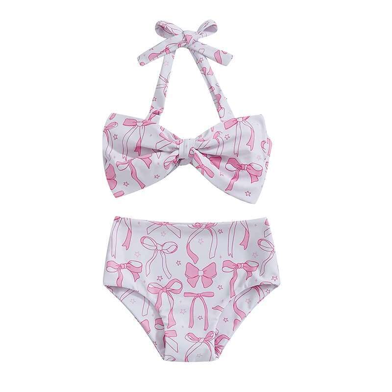 Kids Girl 2 Piece Swimsuits Summer Bow Print Halter Neck Tops and Elastic Shorts Set Bikini Bathing Suits