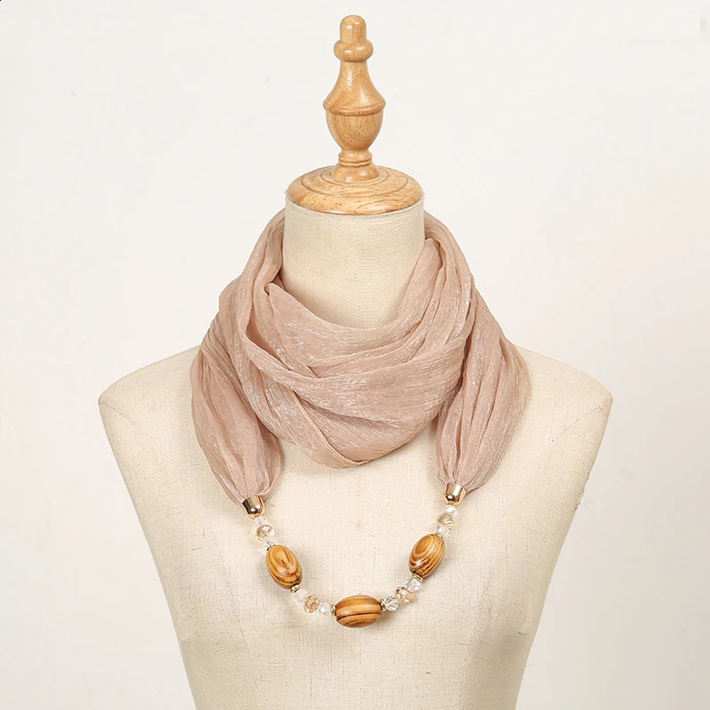 Wholesale Polyester Solid Collar Scarf Gorgeous Bead Pendant Jewelry Necklace Jewelry Ring Scarf Ethnic Islamic Shawl Scarf 250409