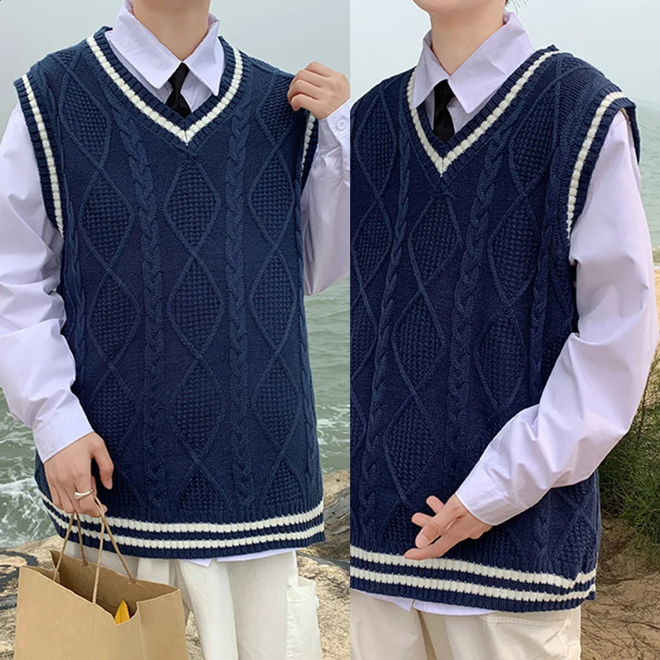 Mens classic contrasting color Vneck comfortable cardigan strapless solid vest simple loose waistband top 250411Z