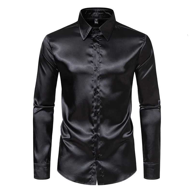 Mens Black Satin Luxury Dress Shirts Fashion Silk Smooth Tuxedo Shirt Solid Wedding Party Prom Casual Shirt Business Office K251110