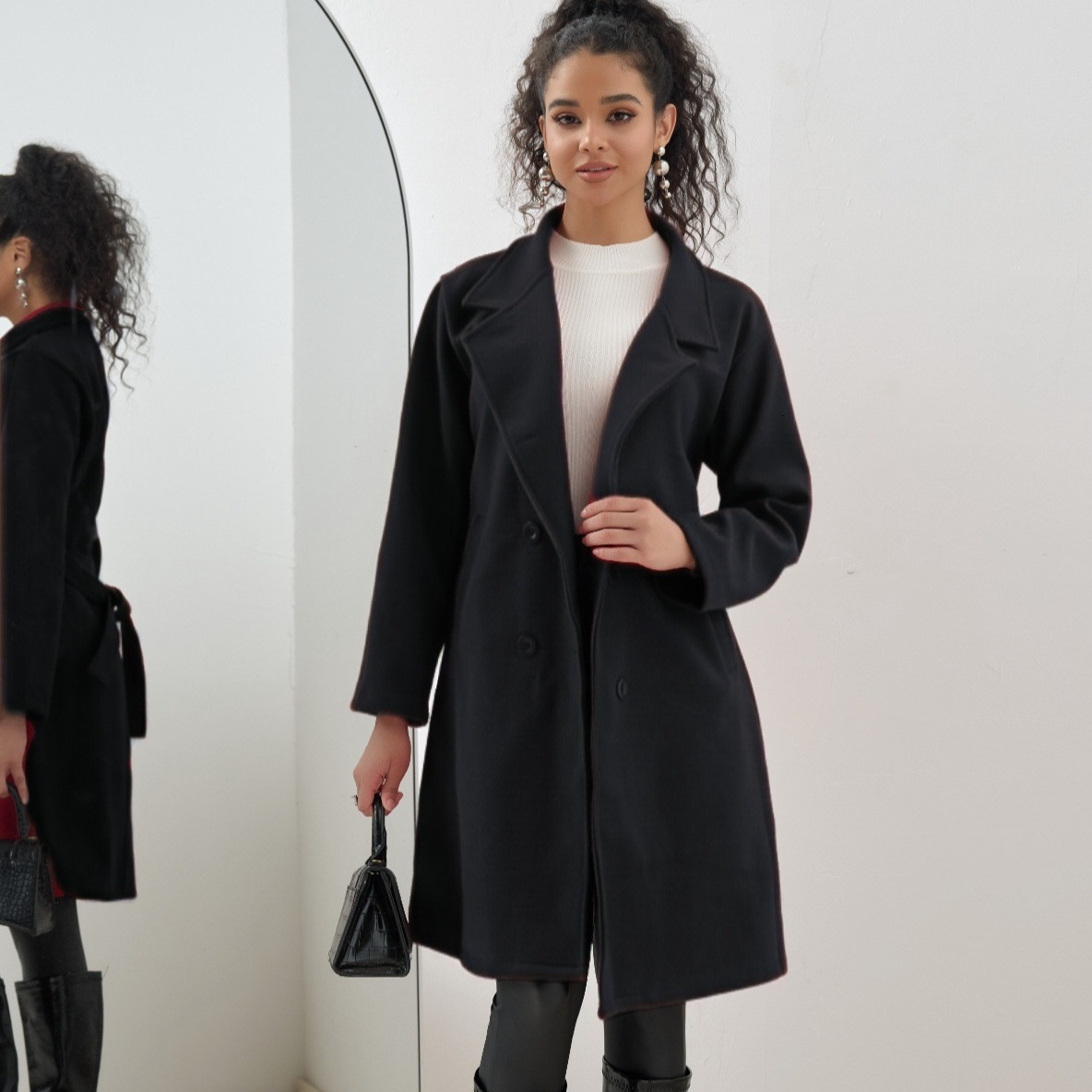 Autumn and winter new women's long lace up woolen solid color simple slim fit coat