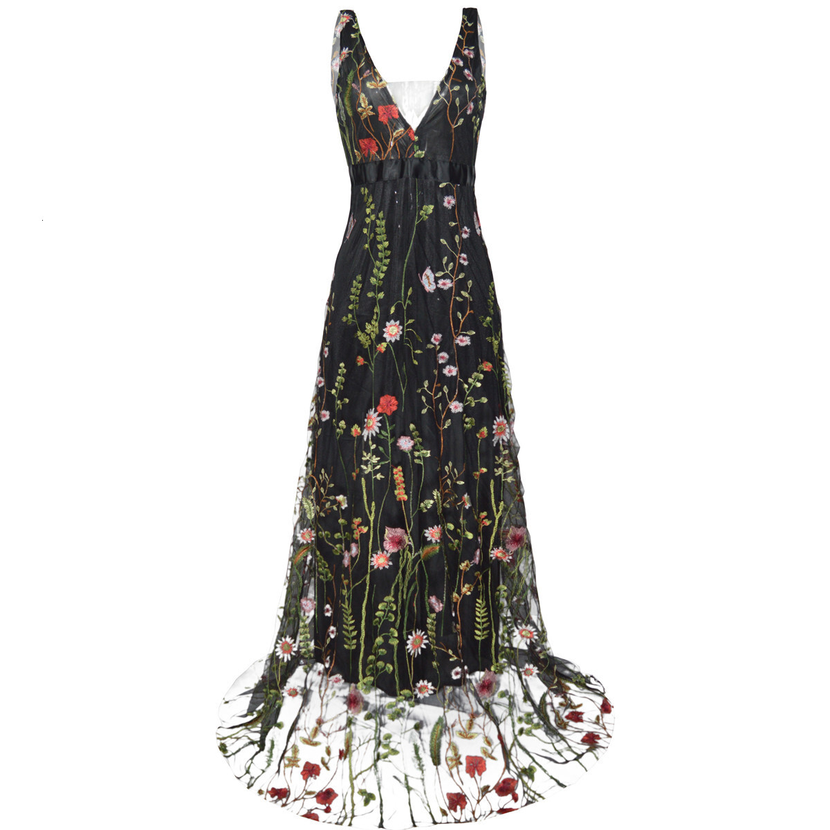 Sexy Deep V Sleeveless Embroidered Slim Fit Open Back Ball Long Dress