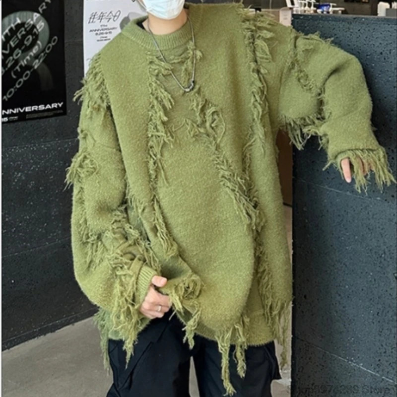 Ripped Tassel Sweater Men Women Streetwear Pullovers Mens Sweater Harajuku Fashion Hip Hop Fringed Knitted Round Neck Sweaters 250409
