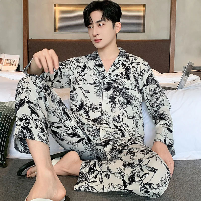 High quality pajama set mens spring and autumn ice silk long sleeved mens pajamas summer slim fit fashionable pajama set 250408