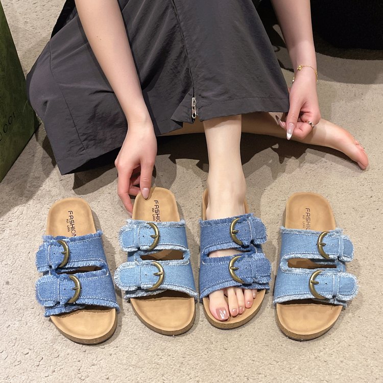 Women's Summer 2025 new high-end denim fashion flip-flops Belt buckle decoration platform flip-flops beach shoes flip-flops