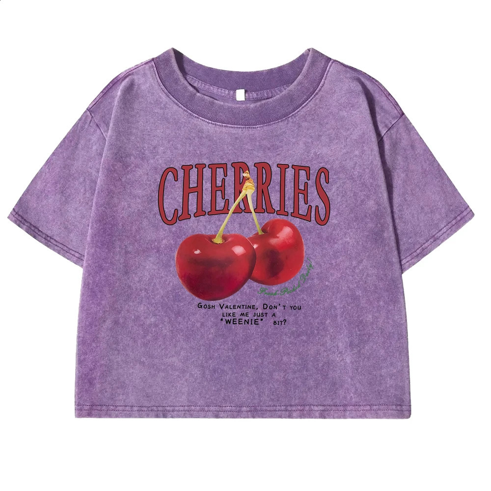 Red Cherries Letter Printed Female T-shirt Fashion Summer Washed Clothing Casual Cotton Crop Top Retro Tee Shirts For Women 250410