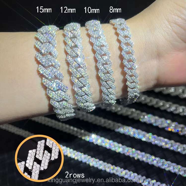 Pass Diamond Tester GRA Moissanite Diamond 8mm-15mm Wide 2Rows 925 Solid Silver Cuban Link Chain for Rapper Hip Hop Necklace