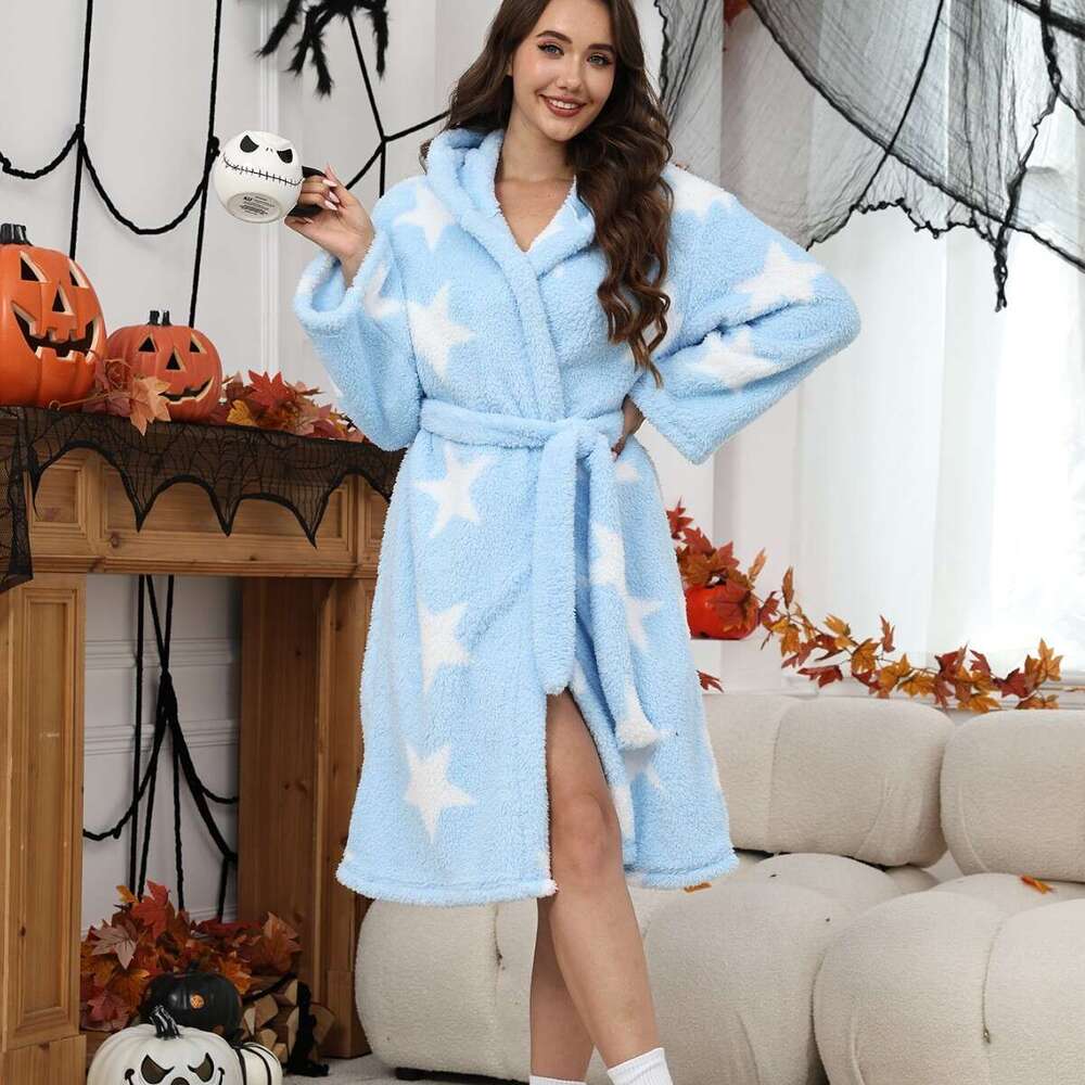 Women's Pajamas Autumn long Coral Fleece Thickened Flannel Bathrobe Winter Hooded Nightgown Cute Homewear