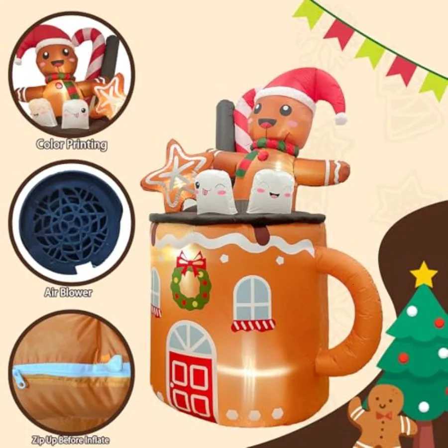 Christmas 6FT Christmas Inflatable Outdoor Decoration Featuring a Gingerbread Man in a Hot Cocoa Mug Blow Up Christmas Decorations for La Y251111