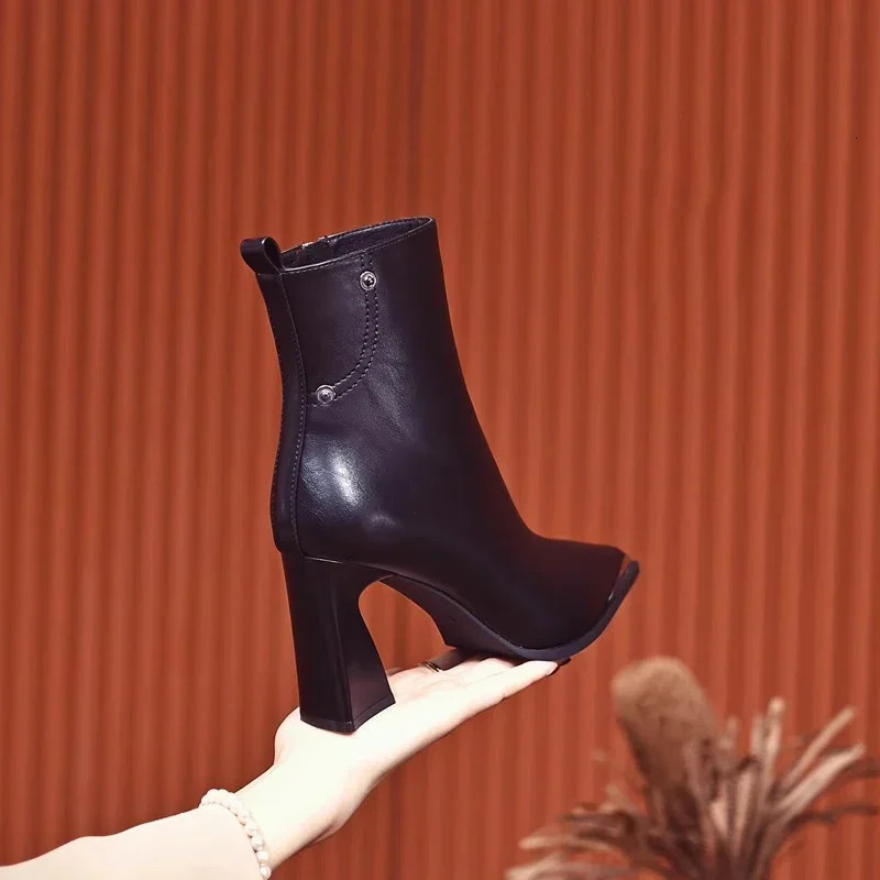 Shoes Brown Mid-Calf Boots Boots-Women Zipper Low Med Pointy Mid Calf Fashion Ladies High Heel Rubber Point 251110