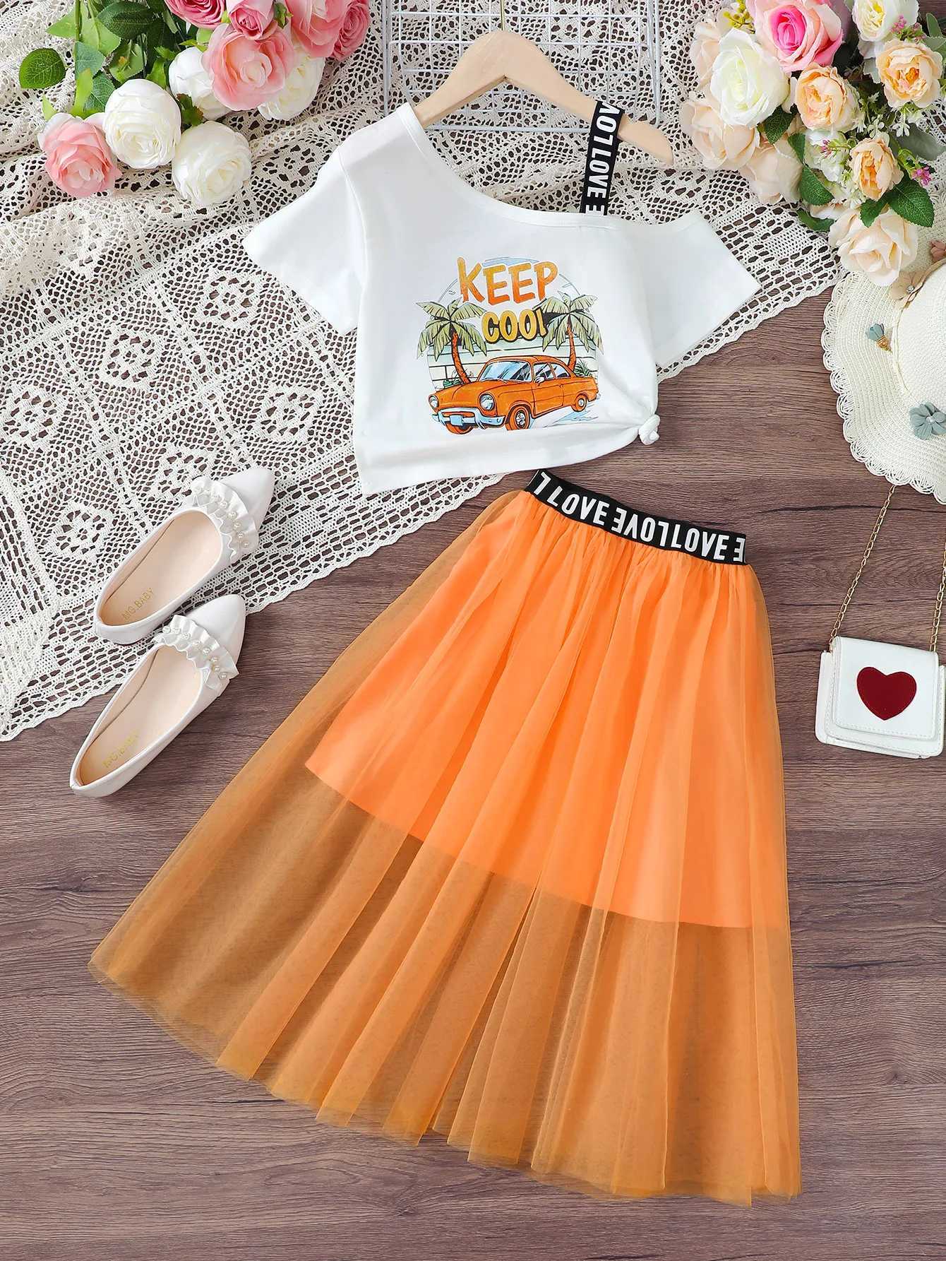 2PCS Summer Childrens Girls Clothing Set Short Sleeve Shoulder Strap T-shirt+Mesh Skiing Academy Sleeve Childrens Girls Clothing 8-12 Years OldXJ25041