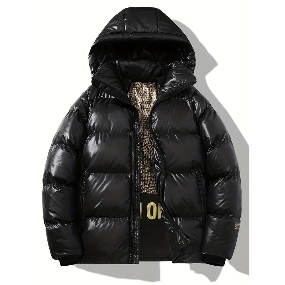 Men's Jacket Cozy Black & Golden Hooded Jacket Men's Padded Polyester Fiber Coat | Thick Casual Winter Wear