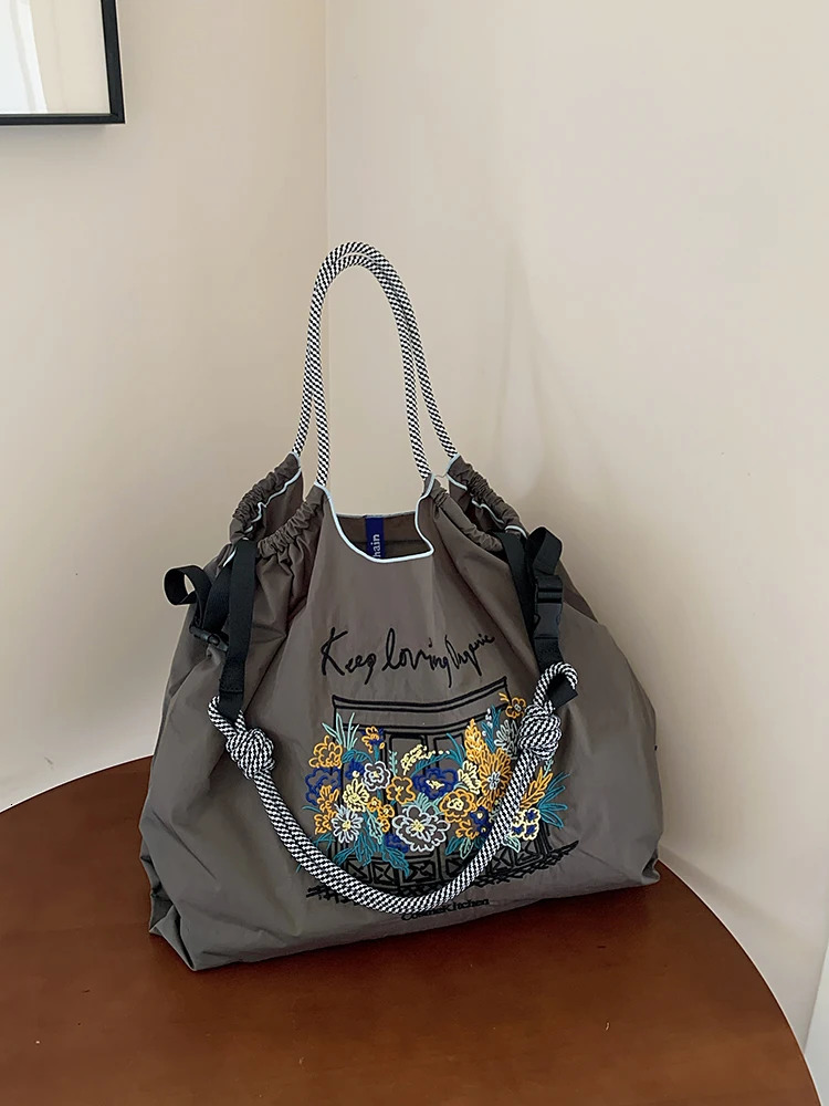 Womens shopping bag nylon cloth ethnic style embroidered window cut pattern Bohemian large capacity Tote ba 251110