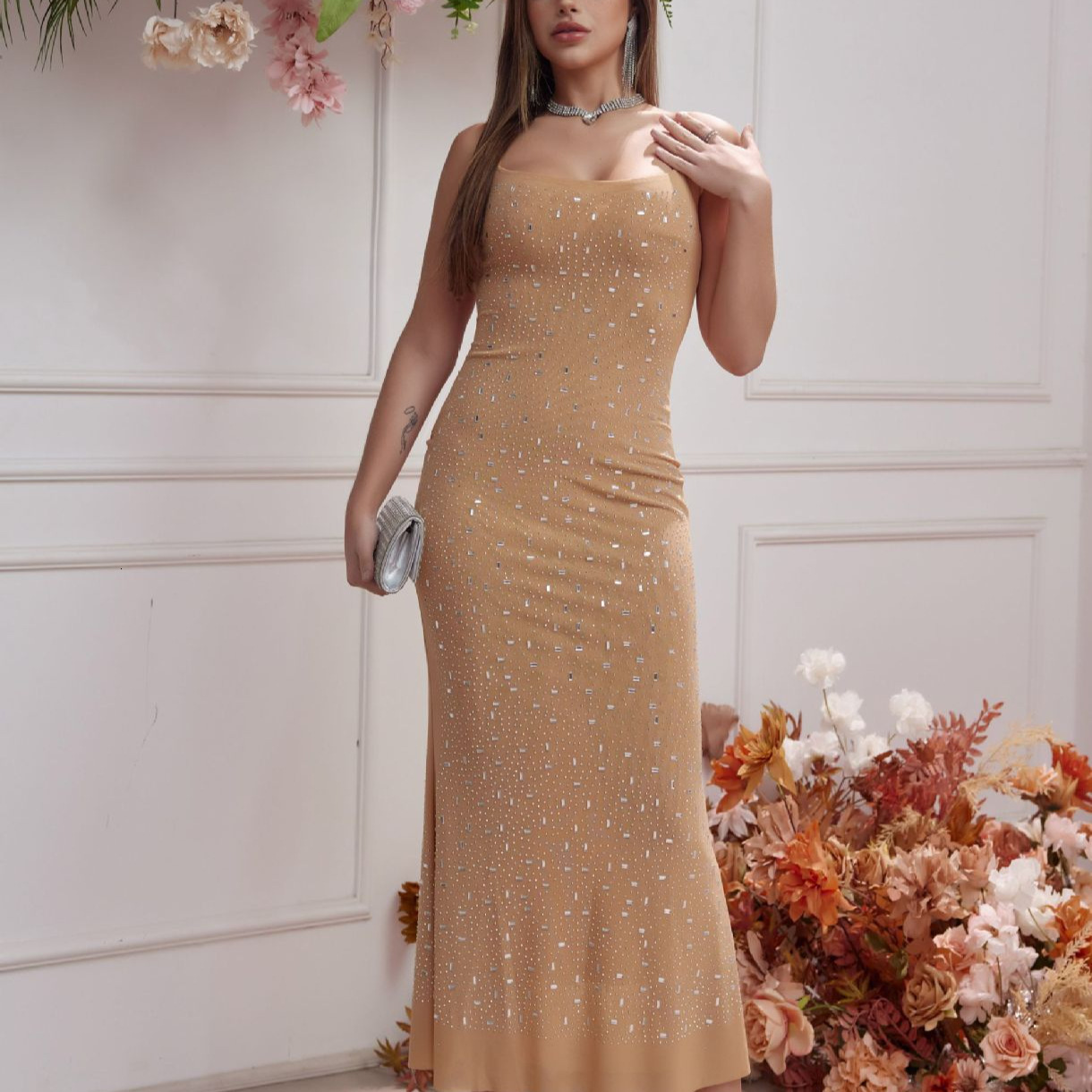 French heavy industry hot stamping sexy suspender temperament long banquet hip hugging slim fit dress
