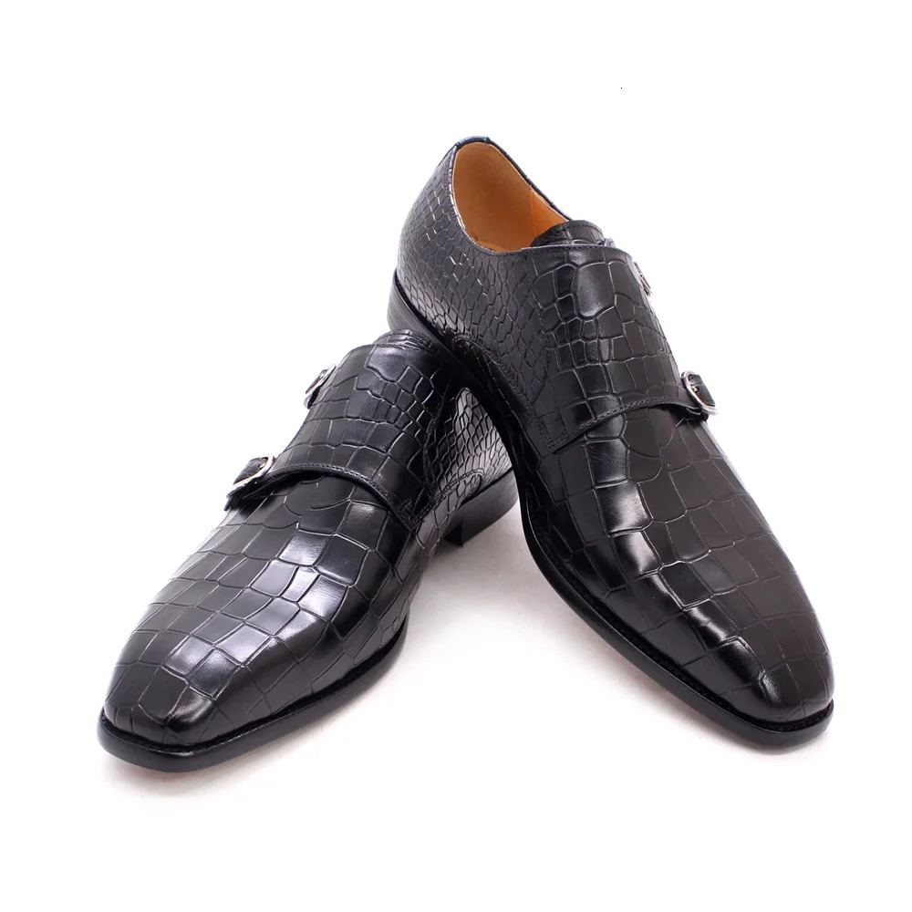 Mens Classic Elegant Black Leather Monk Shoes with Buckle Pattern for Office Wedding and Party Dress 251106