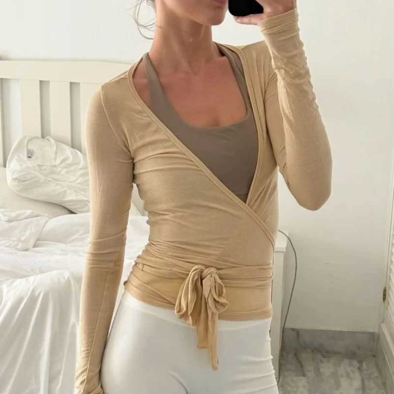 Womens yoga shirt wrapped ruffled tie long sleeved exercise T-shirt sexy deep V-neck slim fit casual cut topW250411