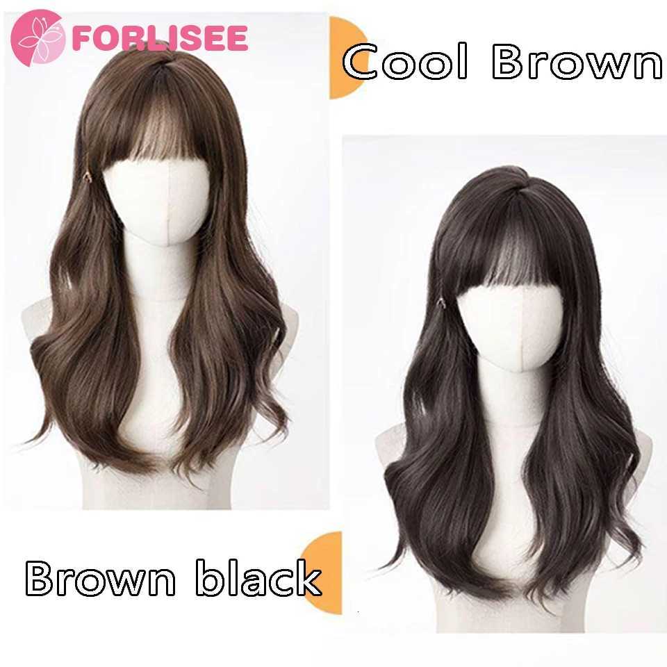 FORLISEE 23-inch Long Curly Hair Synthetic Fluffy Atmosphere Natural Full Bangs Long Curly Chemical Fiber Heat-resistant WigT251111