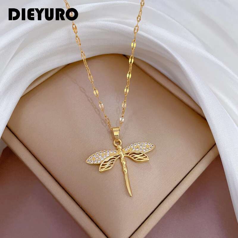 DIEYURO 316L Stainless Steel Personality Dragoy Pendant Necklace For Women Fashion Girls Clavicle Chain Party Jewelry Gifts