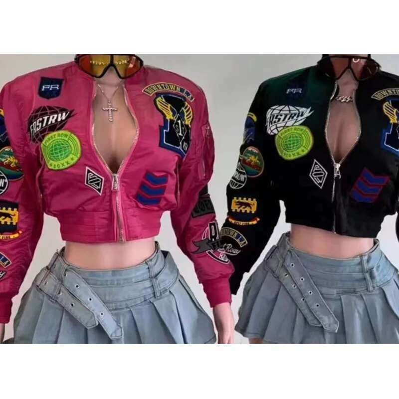 2024 Varsity Women Crop Coat Patchwork Motorcycles Autumn Winter Y2k Streetwear Sexy Night Club Party Bomber Jackets