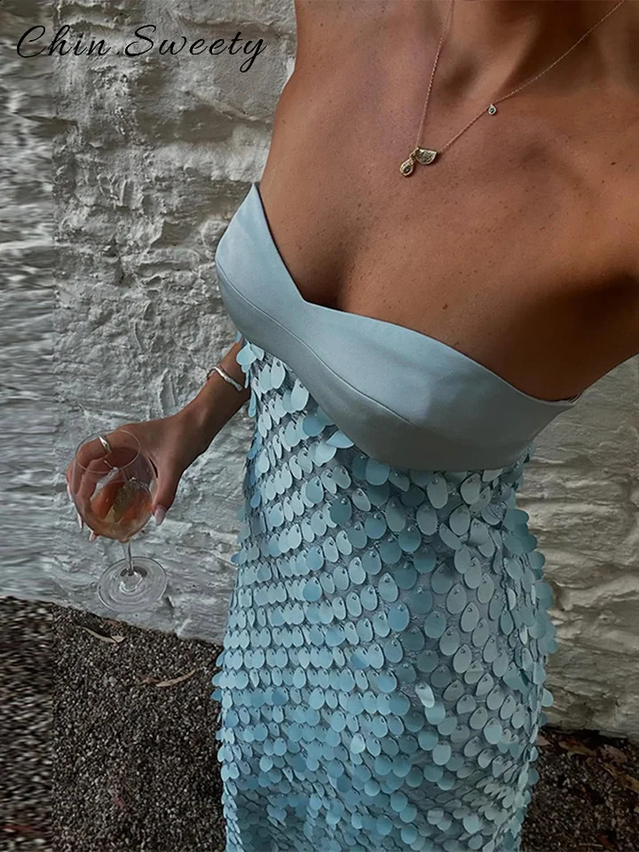 Elegant sequin patchwork strapless long dress for womens solid sleeveless party summer fashionable vacation 250411